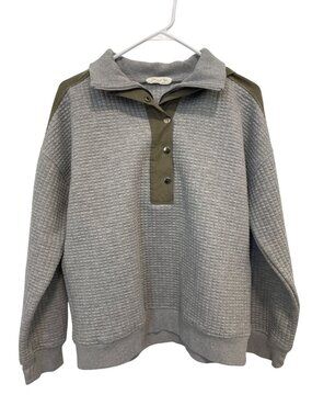 Doe And Rae Hoodie Sweatshirt Medium Snap Front Waffle Knit Gray Olive Relaxed